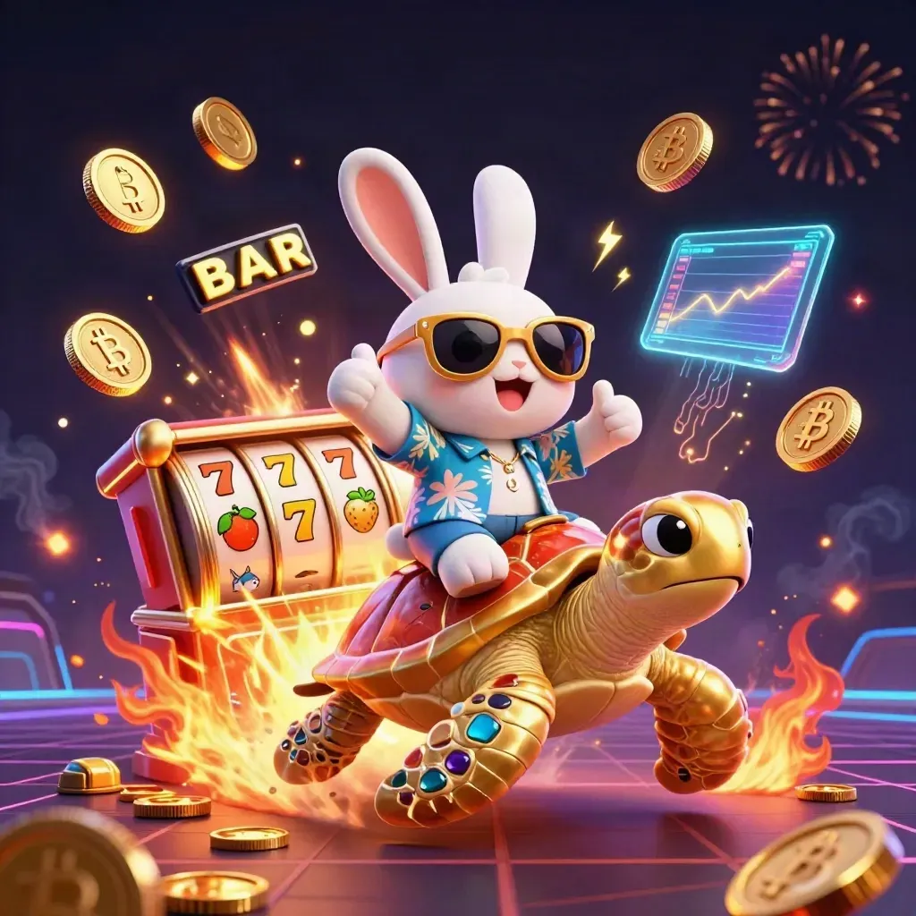 Cartoon rabbit rides a gold sea turtle amid coins, fireworks, slot symbols and neon casino effects.