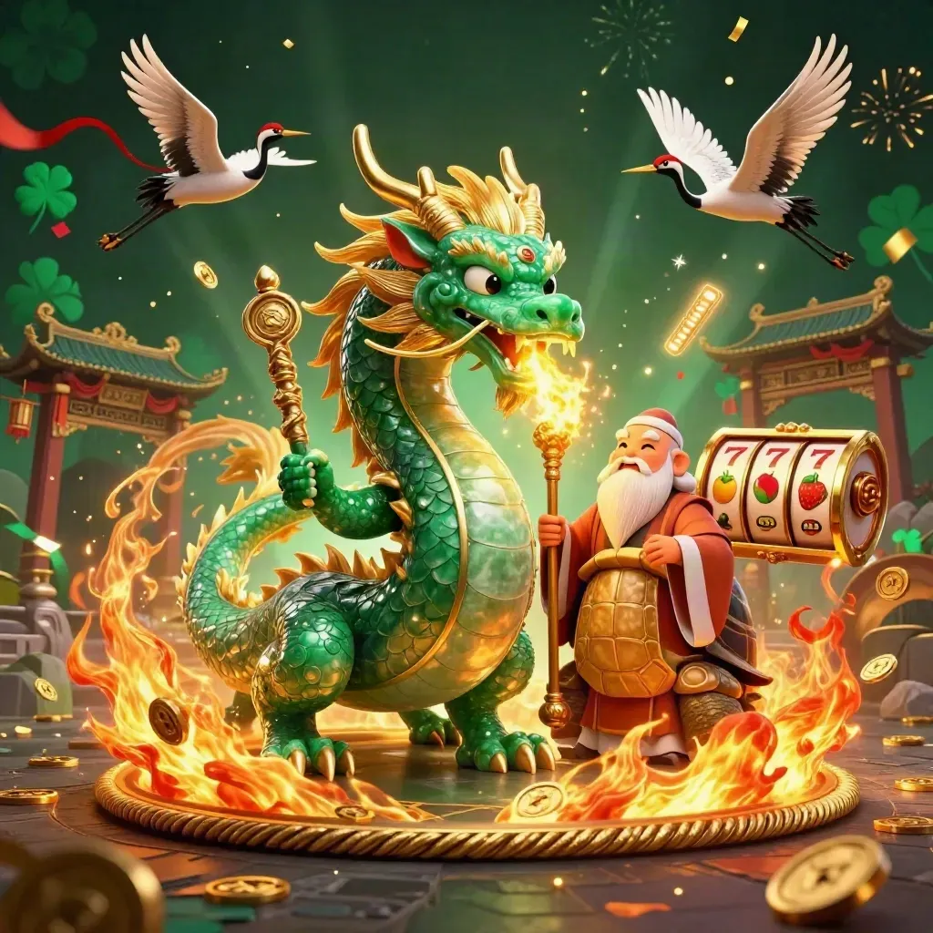 Emerald dragon, turtle sage, and cranes amid gold fire, reels, coins, and casino magic