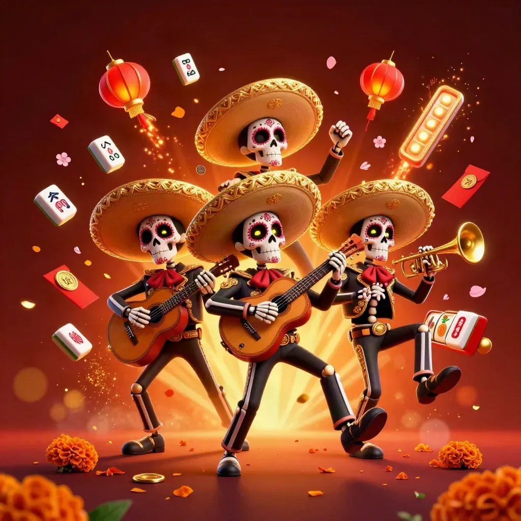 Skeleton mariachi trio in fiery casino key art with lanterns, coins, reels, and gold glow