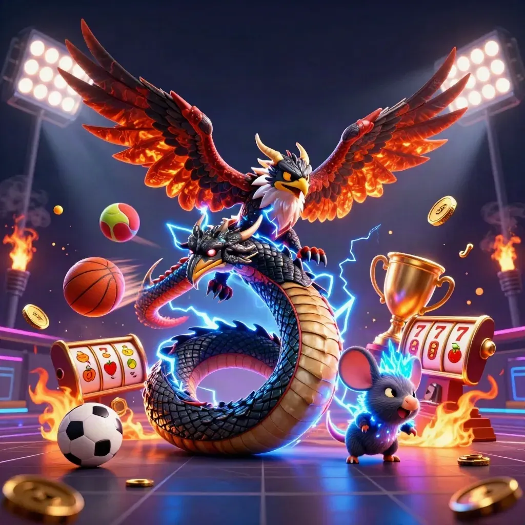 Thunder dragon, wind hawk, and static mouse amid casino sports icons on a dark neon grid.