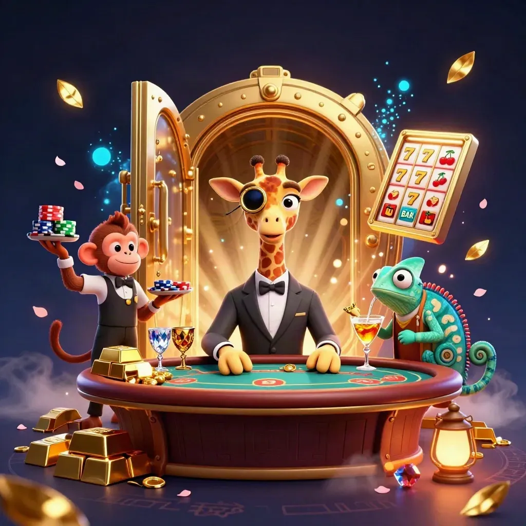 Giraffe, monkey, and chameleon casino heroes amid gold, reels, and magical glow.