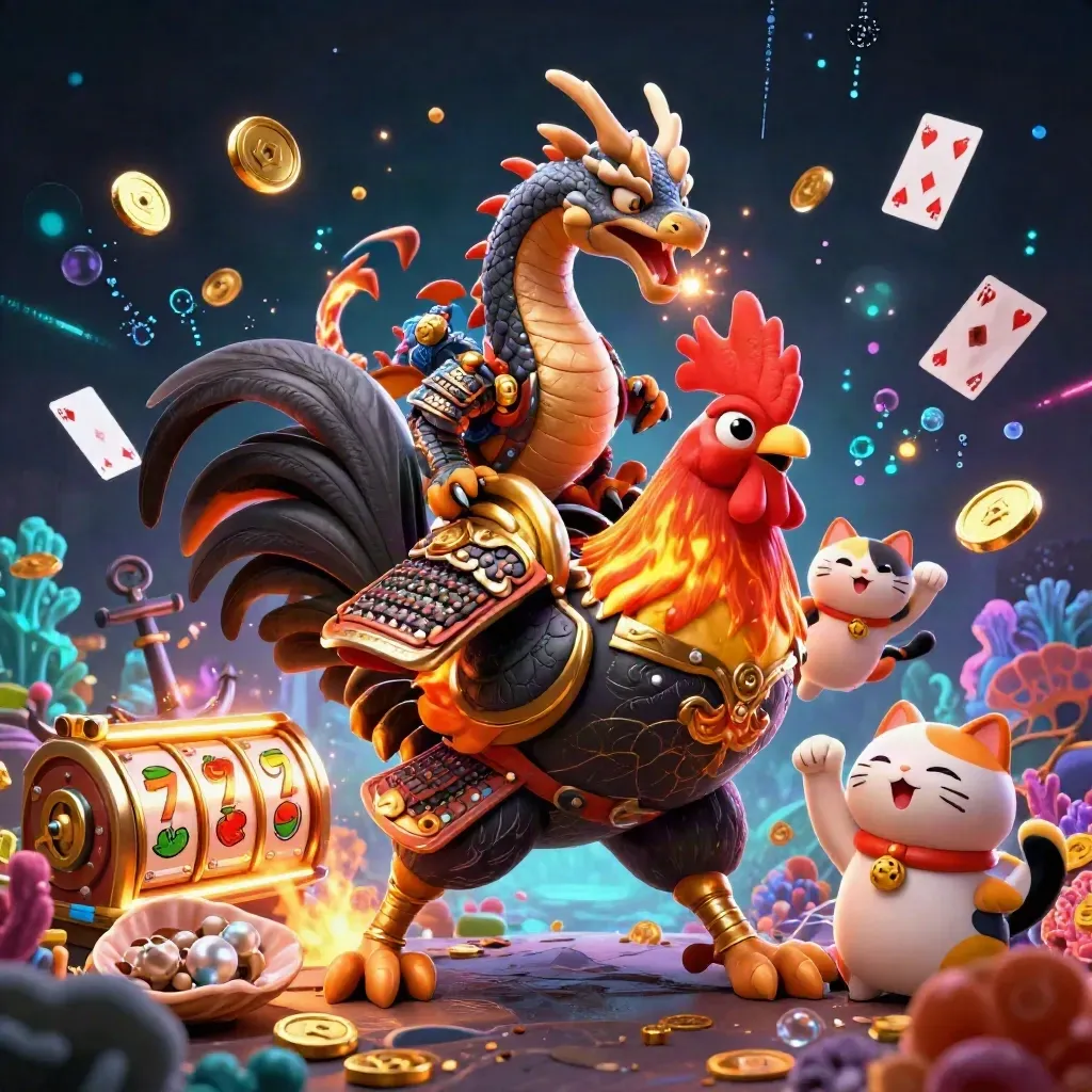 Rooster warrior, dragon hatchling, and fortune cat amid treasure cove casino sparks.