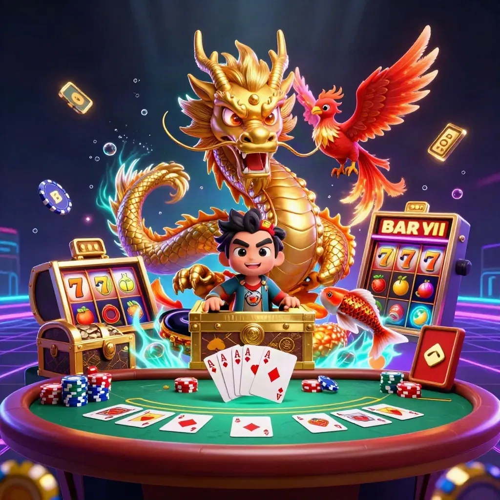 Golden dragon, phoenix, koi, chest, poker chips, cards, and slot reels in neon casino glow.