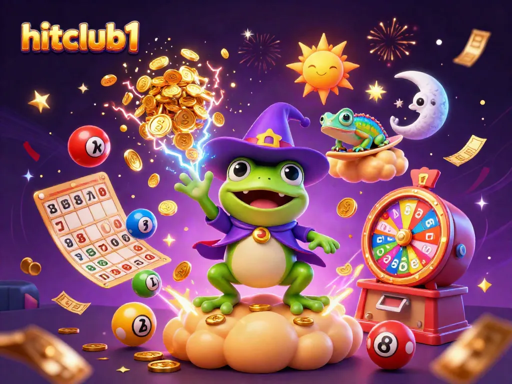 Experience excitement at hitclub1 with a magical storm of golden coins, lottery elements, and vibrant characters.