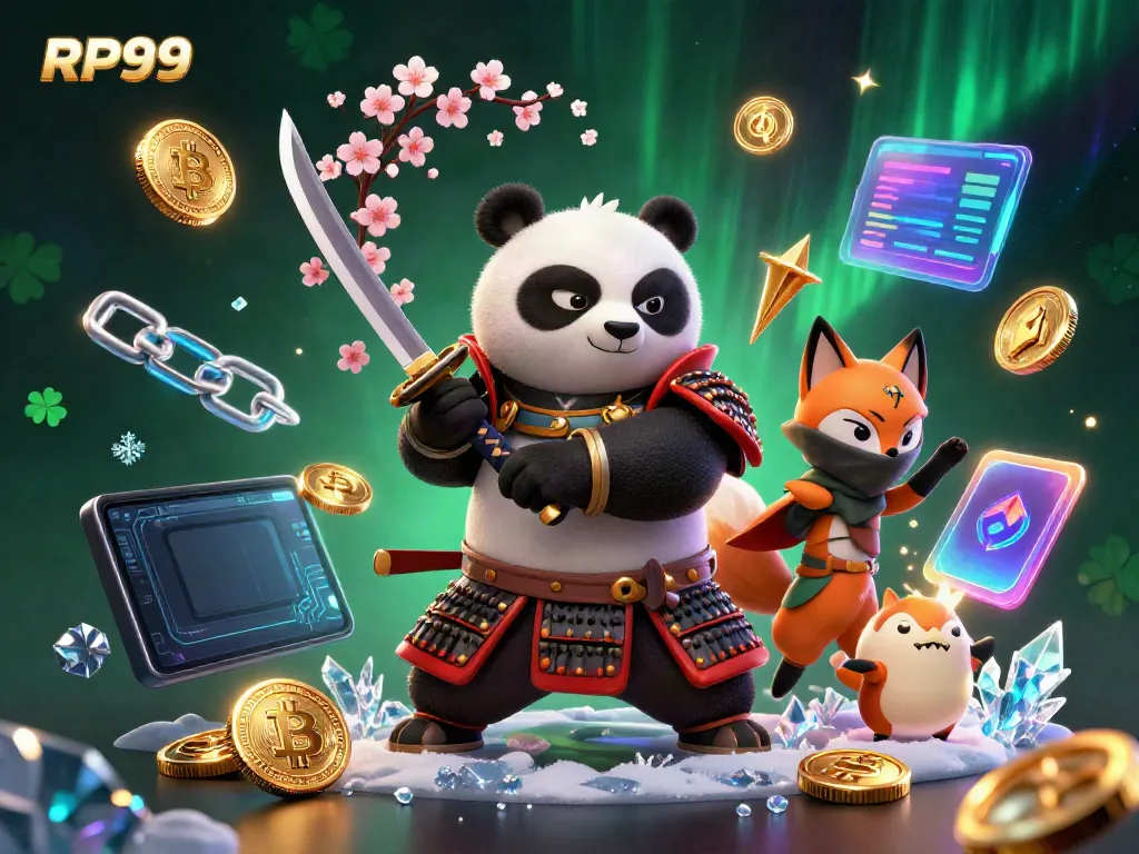 Engaging RP99 illustration depicting a samurai panda and ninja fox in a vibrant casino-themed setting.