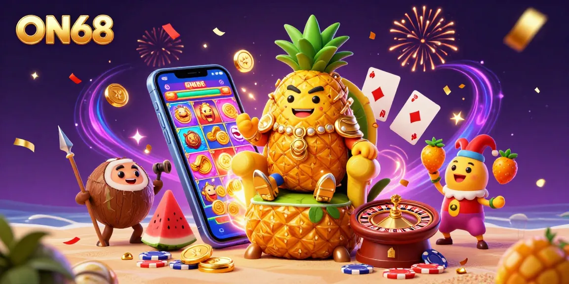 Engage with ON68's vibrant golden pineapple king surrounded by exciting gambling elements in a festive casino scene.