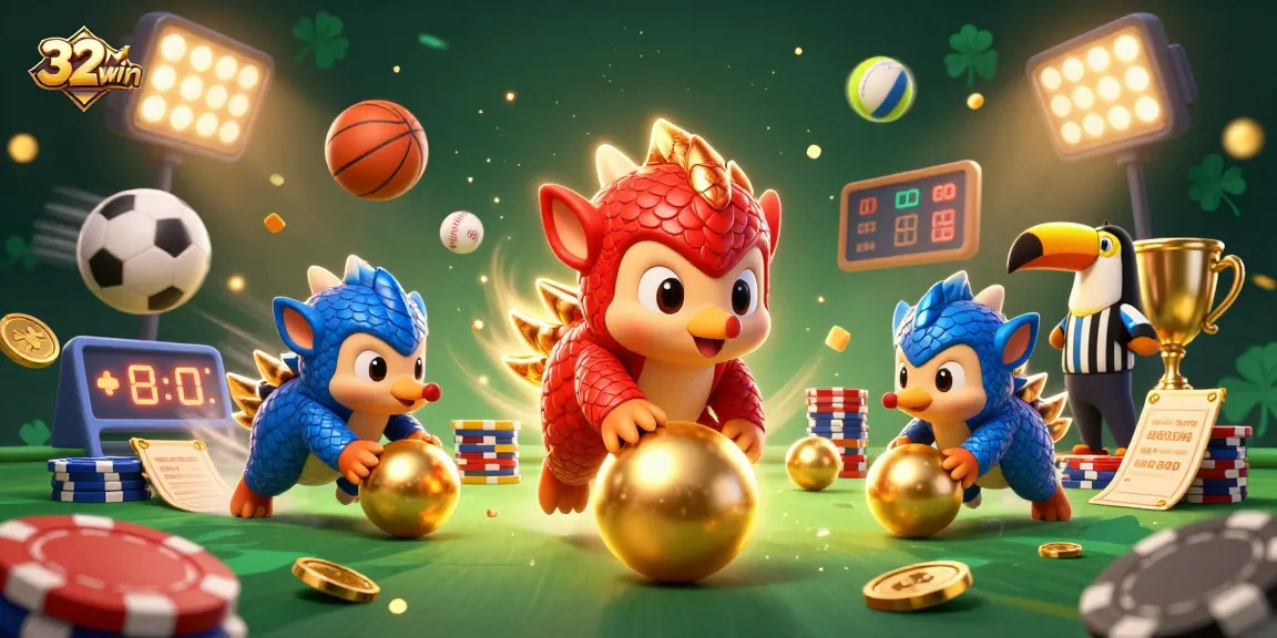 Engage in exciting gameplay at 32win with dynamic pangolin rivals rolling chips for jackpots amidst vibrant casino elements.