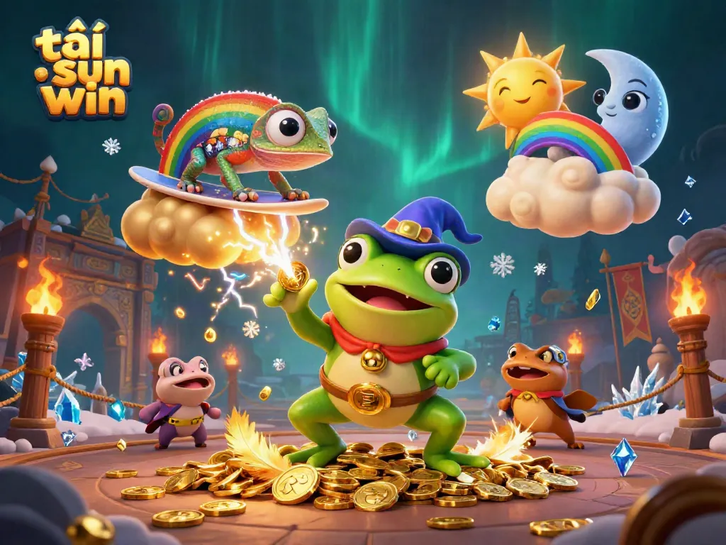 Experience the thrill of tải sun win with golden coins, vibrant characters, and dynamic casino elements in a 3D illustration.