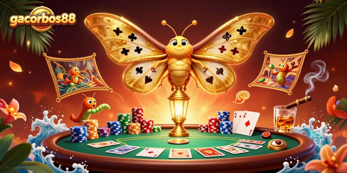 Experience gacorbos88 slots with golden moths and vibrant poker scenes, evoking casino excitement.