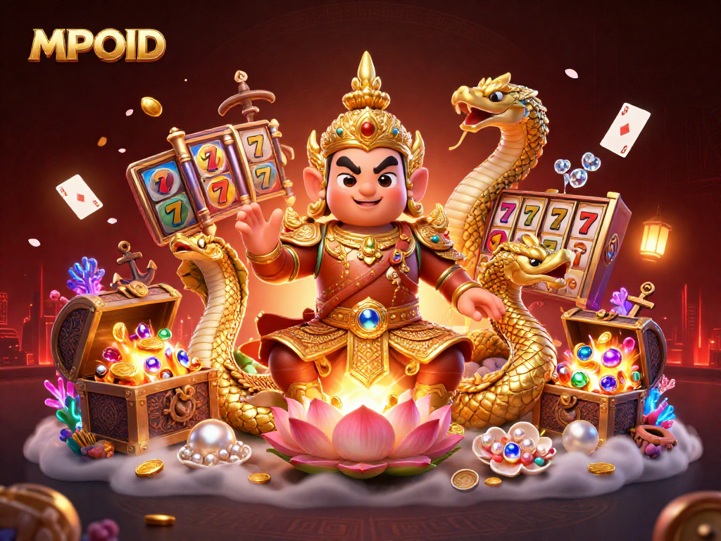 Play exciting slots with MPOID featuring a mystical guardian and Naga companions amidst treasures.