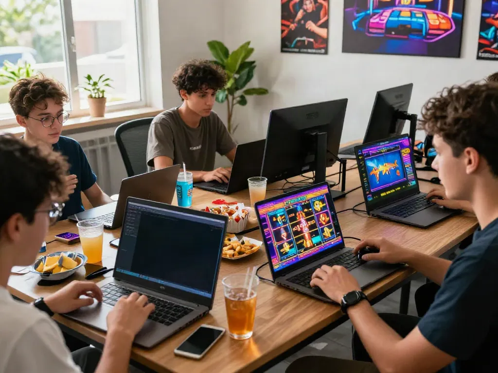 Players enjoying a lively gaming session on QQMacan with vibrant graphics and snacks.