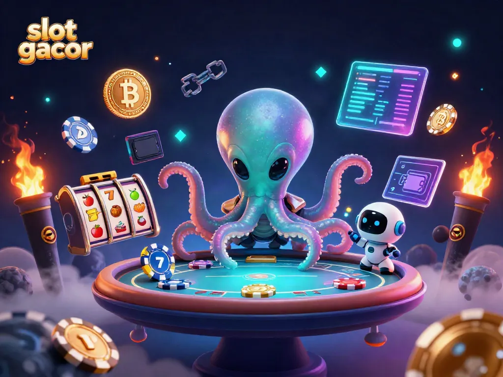 Engage with slot gacor dynamics in a vibrant illustration with an alien octopus and crypto elements.