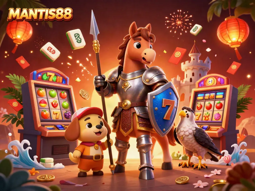 MANTIS88 invites players into a vibrant casino world with a knight, puppy, and falcon amidst slot machine excitement.