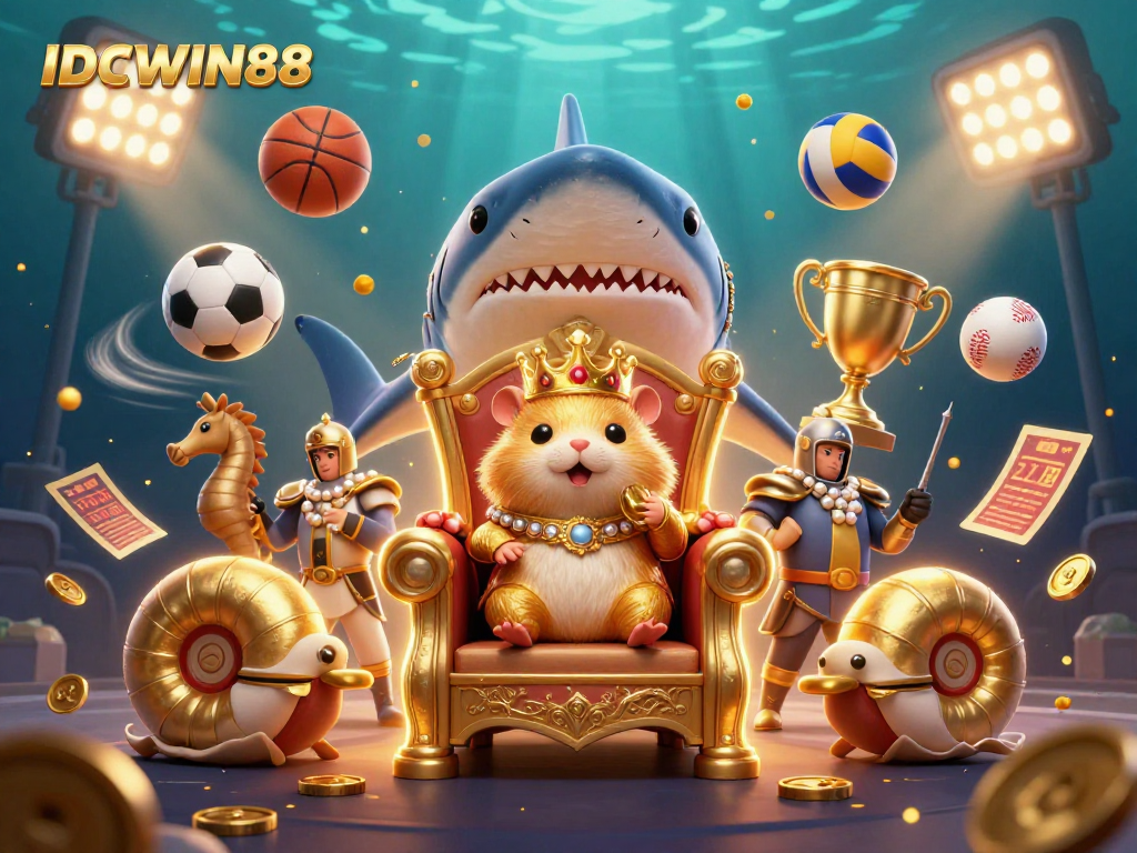 Engage with IDCWIN88's thrilling scene featuring a coral-crowned hamster king amidst vibrant sports elements.