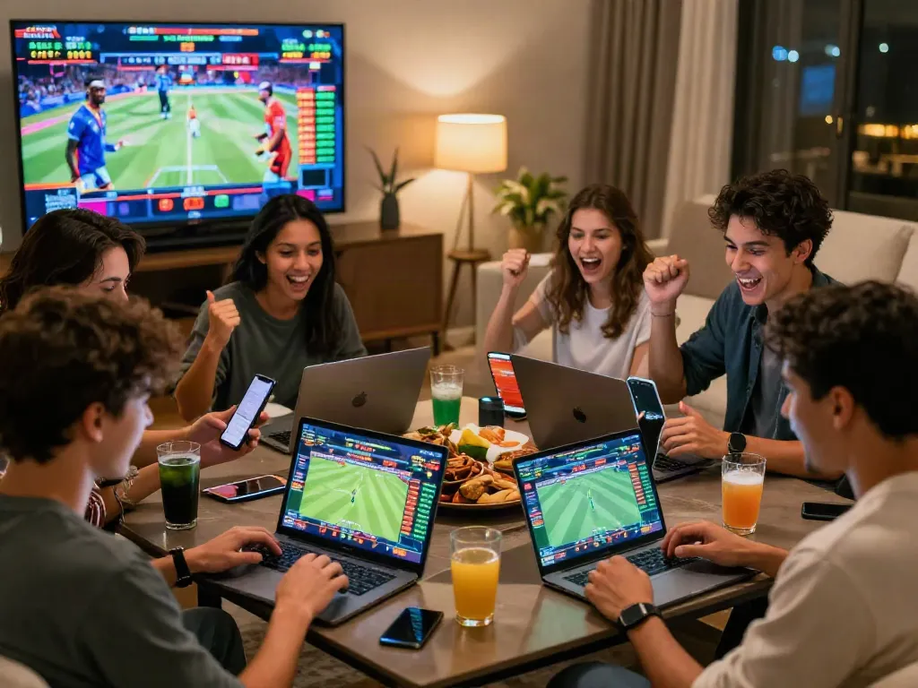 Friends enjoying sports betting and casino games on lotus365 in a cozy atmosphere