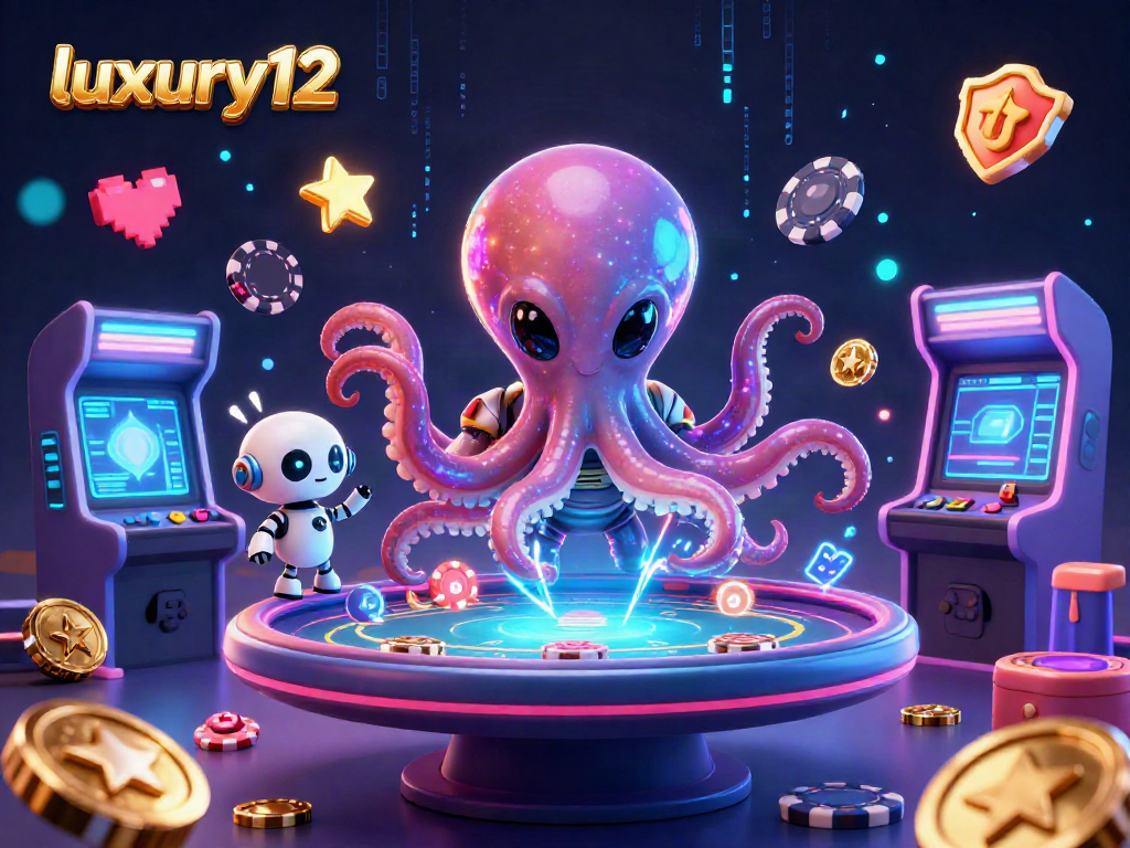 luxury12 mempersembahkan ilustrasi 3D alien dengan meja poker holografik dan koin asteroid di sekitar, menggambarkan suasana kasino yang dinamis.