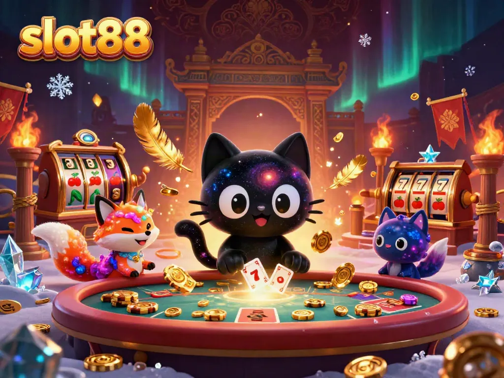 Menggenggam alat permainan slot88, kucing hitam berpori galaksi dengan teman fox nebula di kasino kosmik.