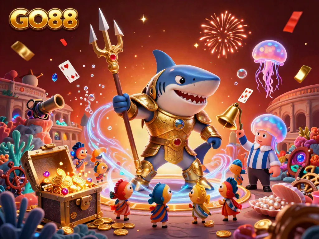 Experience GO88 with a thrilling underwater casino scene featuring a gladiator shark and interactive gaming elements.