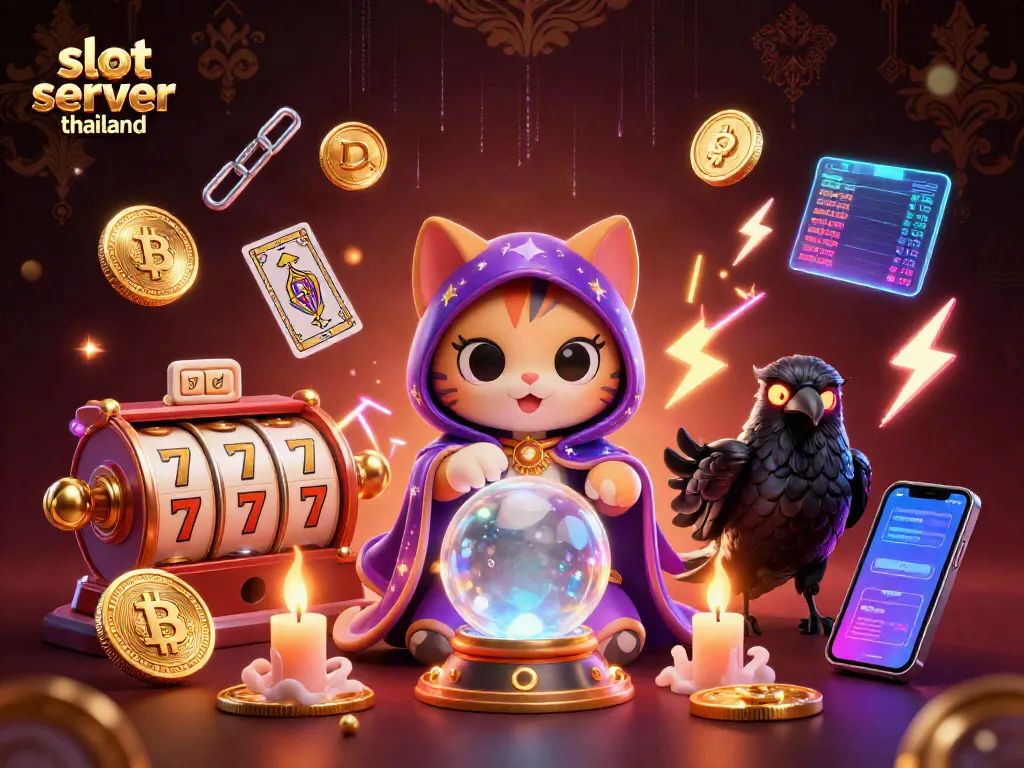 Engage with the slot server thailand through a mystical 3D illustration featuring vibrant symbols and enchanting characters.