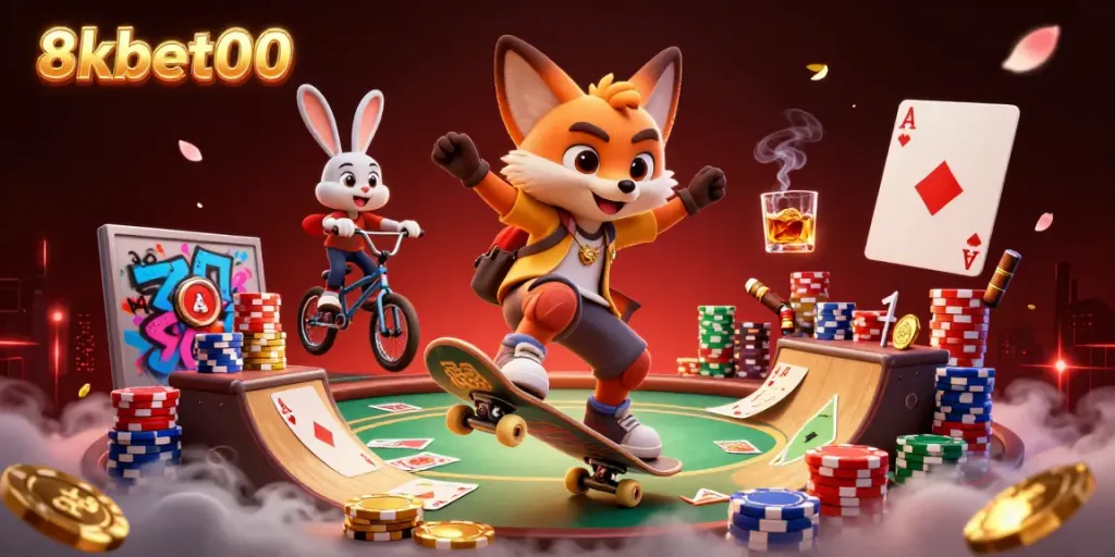 8xbet00 showcases a dynamic casino scene with a fox and rabbit performing tricks over poker chips.