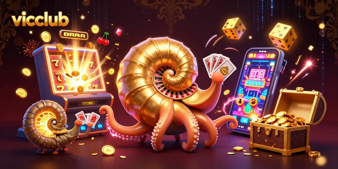 Spin and win with vicclub's vibrant casino scene featuring iconic games and glowing elements.