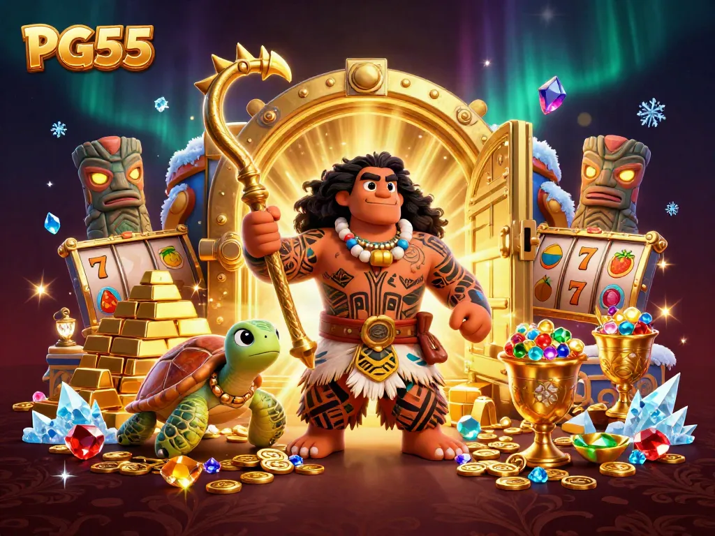 Experience PG55 casino thrills with a vibrant 3D illustration featuring a demigod and treasure elements.