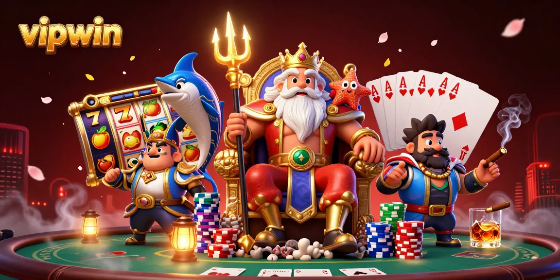 Win big at vipwin with exciting slot reels and poker tables surrounded by vibrant characters.