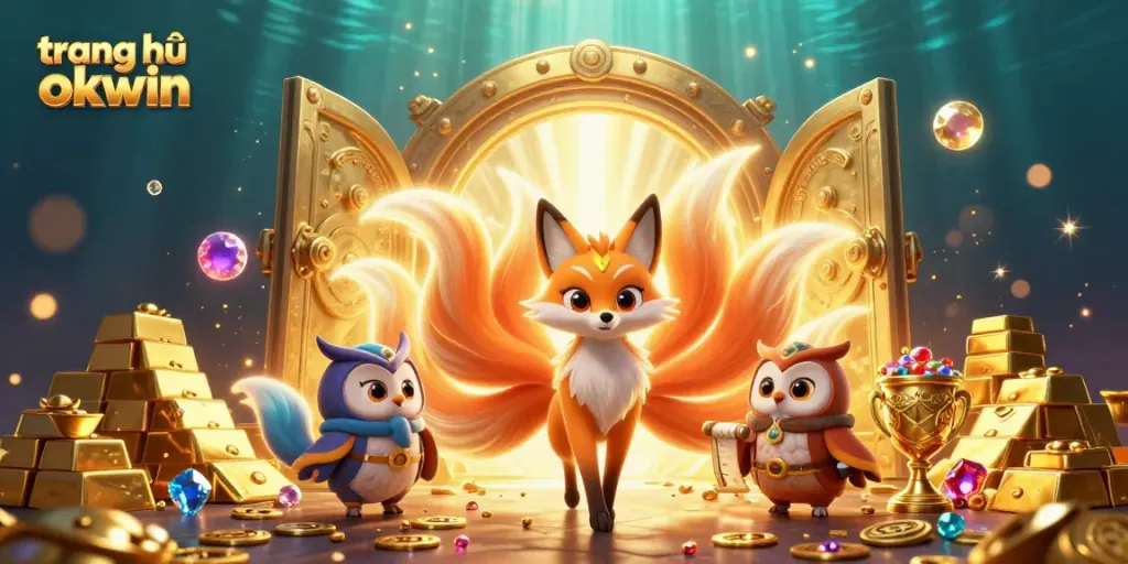 Experience the excitement of trang chủ okwin as a nine-tailed fox spirit interacts with a wise owl, surrounded by treasure.