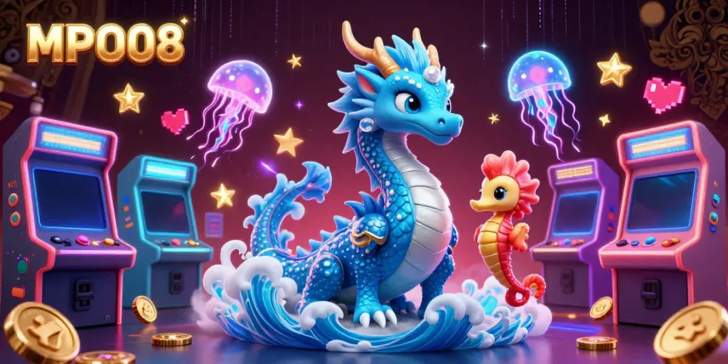 Experience winning with MPO08, featuring vibrant visuals of a dragon and sea knight in a dynamic casino scene.