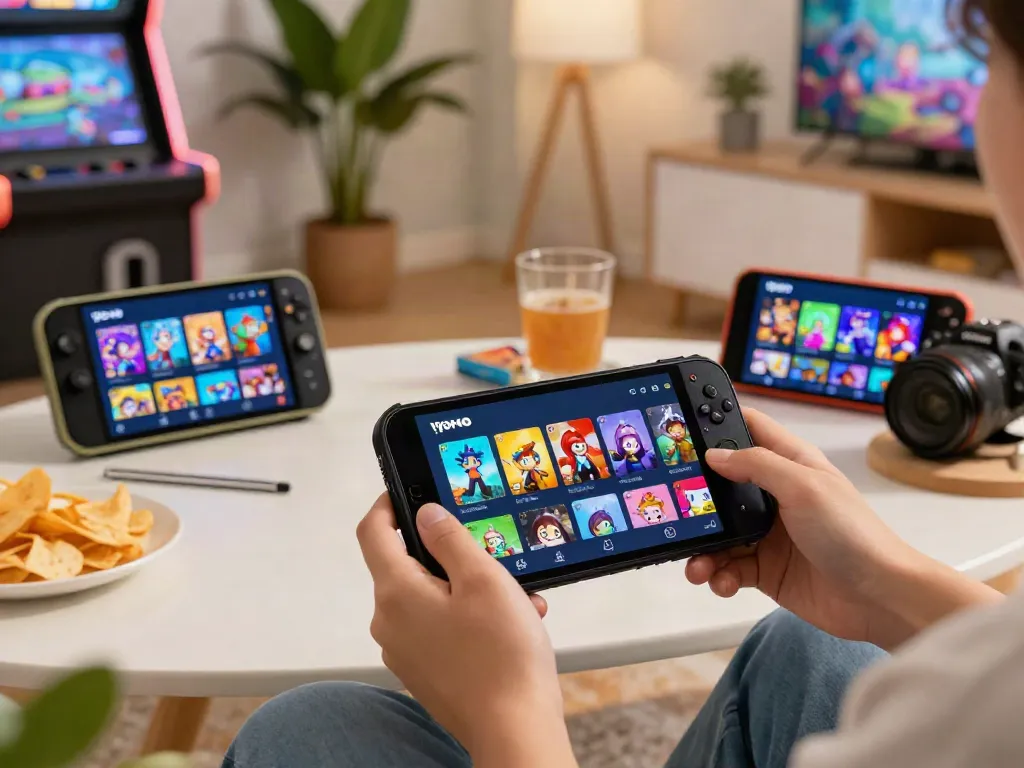 Engaging scene showcasing a user playing Yono Arcade on a mobile device in a vibrant living room.