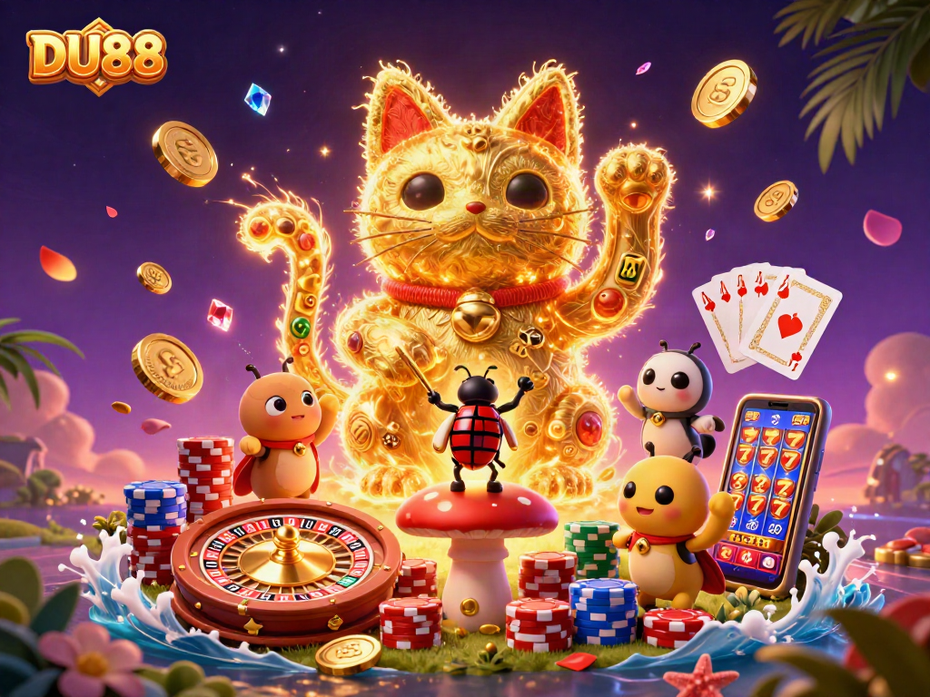Delve into DU88 with vibrant casino visuals featuring a lucky cat and dynamic game elements.