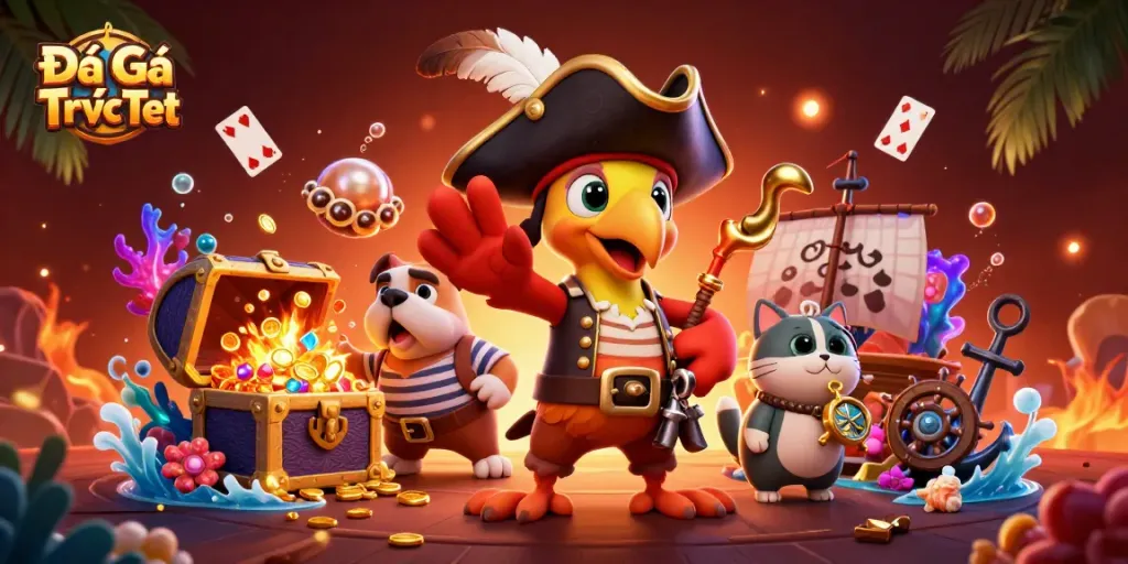 Experience Đá Gà Trực Tiếp action in an energetic 3D illustration featuring a pirate captain and more.