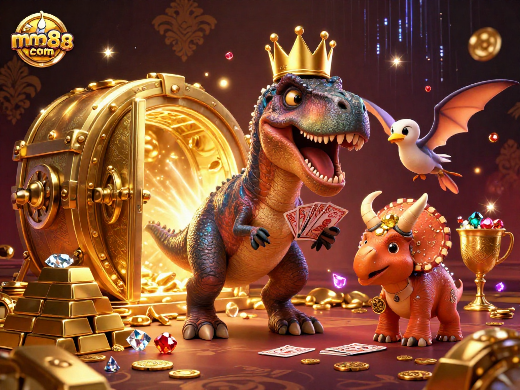 Engage in thrilling games at mm88 com with vibrant casino characters shuffling cards and stacking chips.