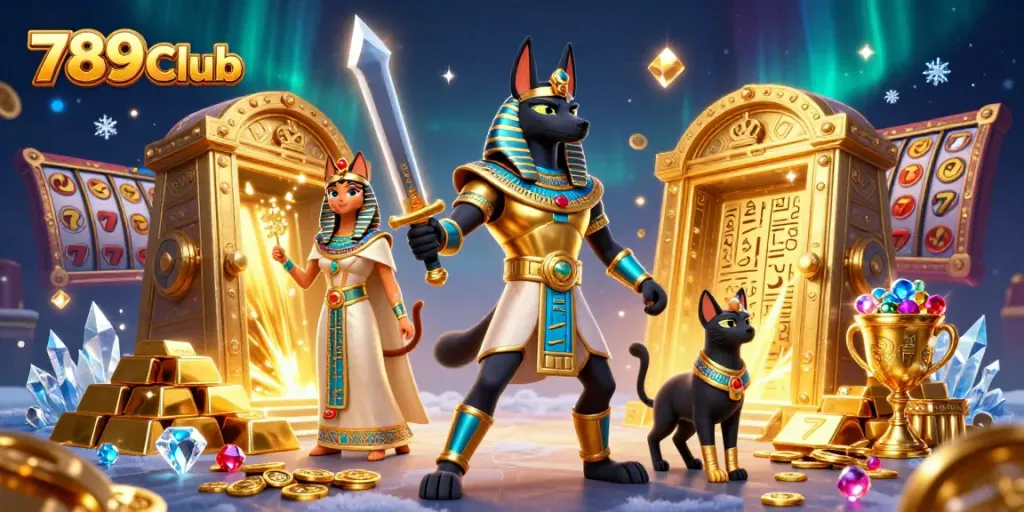 Experience the fun at 789Club with Anubis and Bastet in a dynamic casino scene full of treasures.