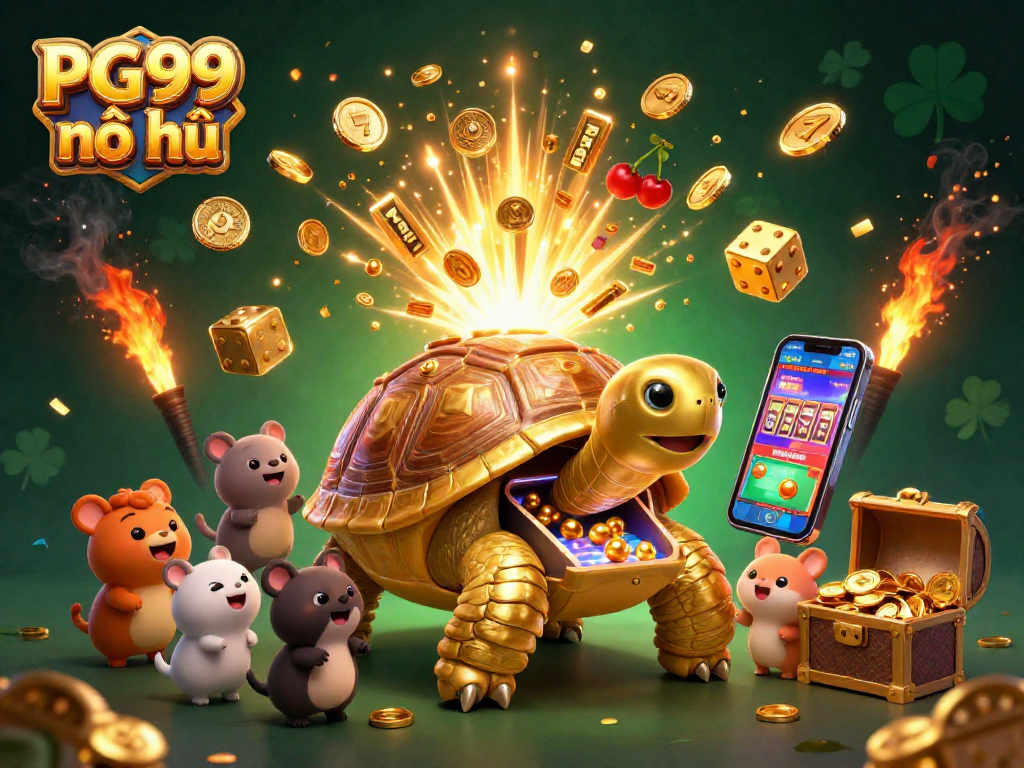 Excited animals play PG99 nổ hũ lottery on a golden tortoise pinball amidst exploding slots.
