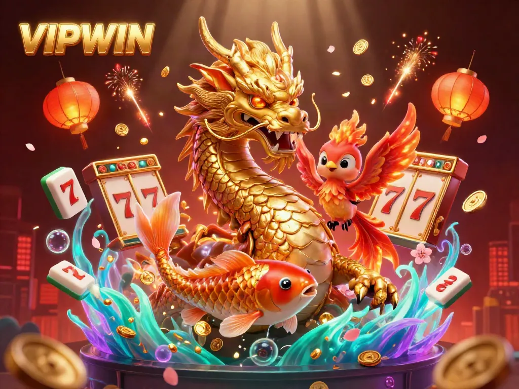 VIPWIN offers thrilling slots, featuring a golden dragon with a koi fish amidst a cascade of coins.