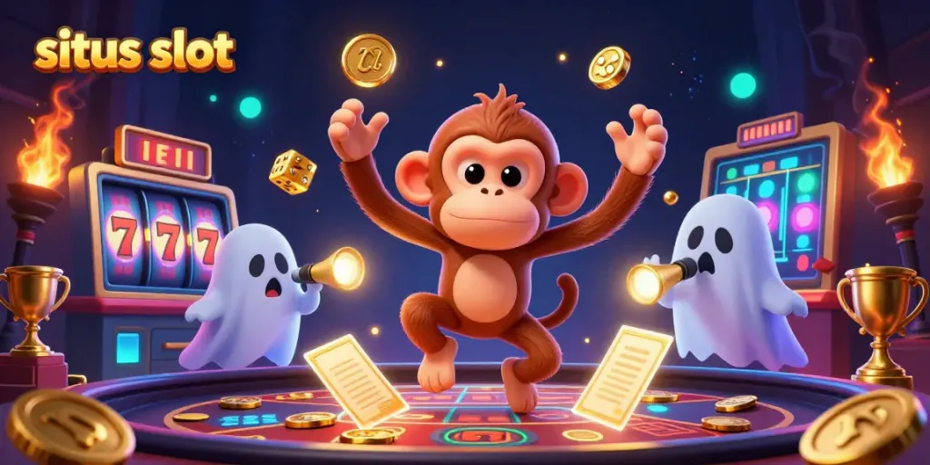 Situs slot menampilkan karakter goofy dengan koin emas di kasino berantakan menambah kemeriahan permainan.