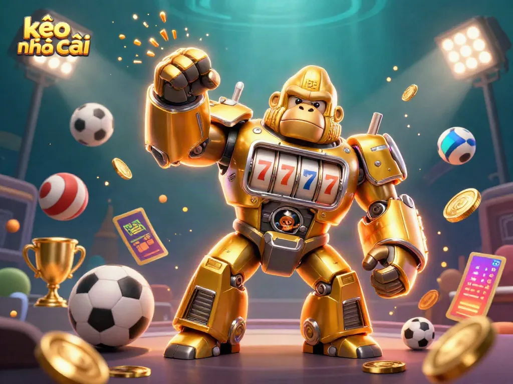 Main event of kèo nhà cái features dynamic sports betting action with golden gorilla mech and explosive elements.