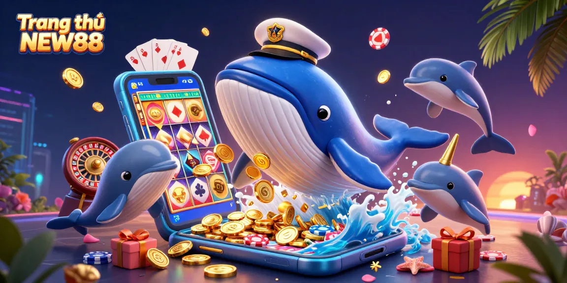 Engage with Trang chủ NEW88 through a fun 3D illustration featuring a whale and gaming elements.