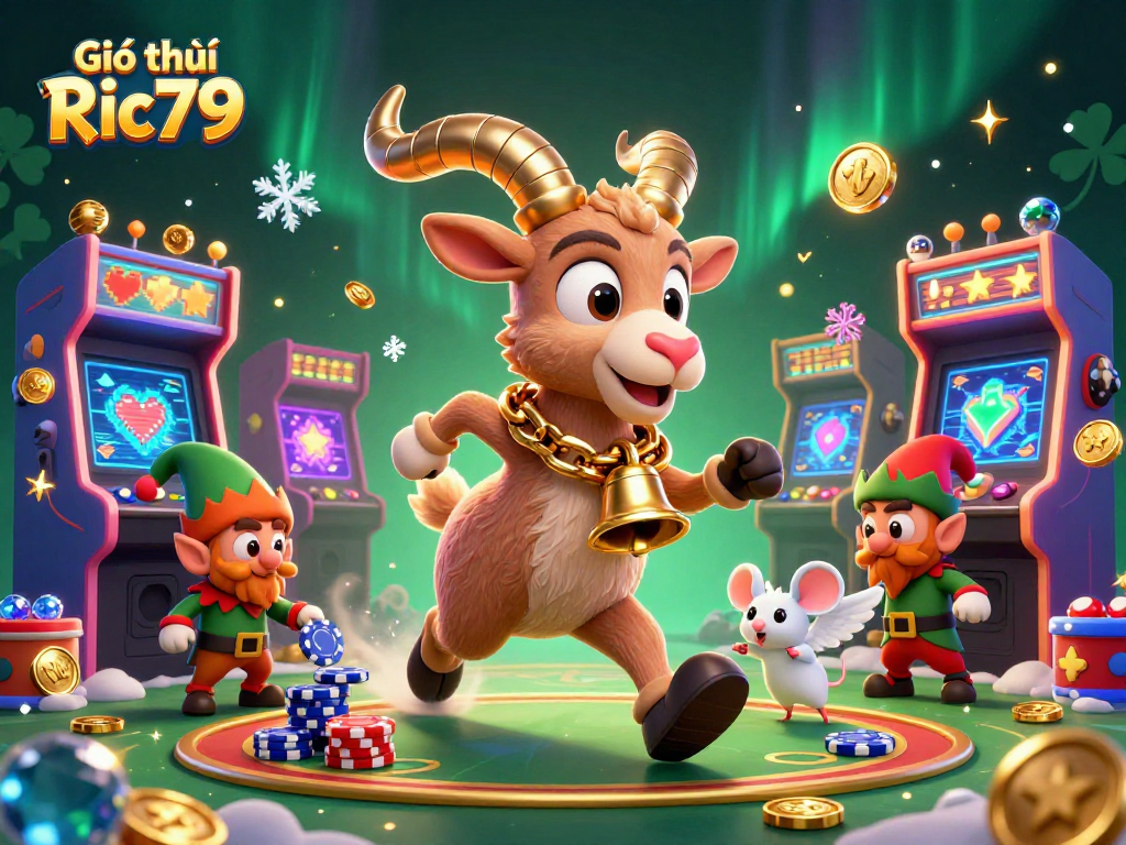 Giới thiệu Ric79 with a spooky Krampus goat oversees a chaotic holiday casino scene