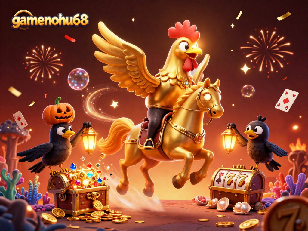 Engage with gamenohu68 in an enchanting casino adventure featuring a golden rooster, crows, and treasures.