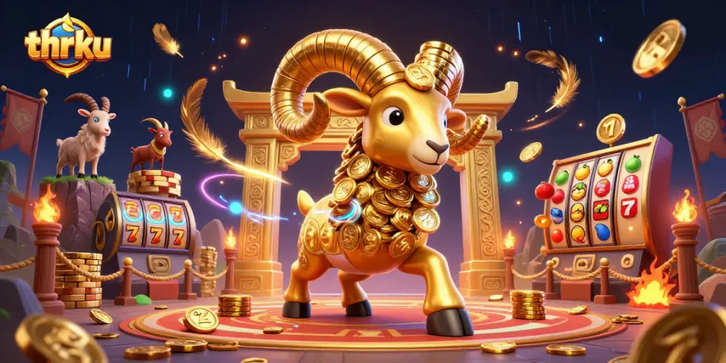 Thrku showcases a dynamic golden ram charging towards a jackpot, surrounded by casino elements.