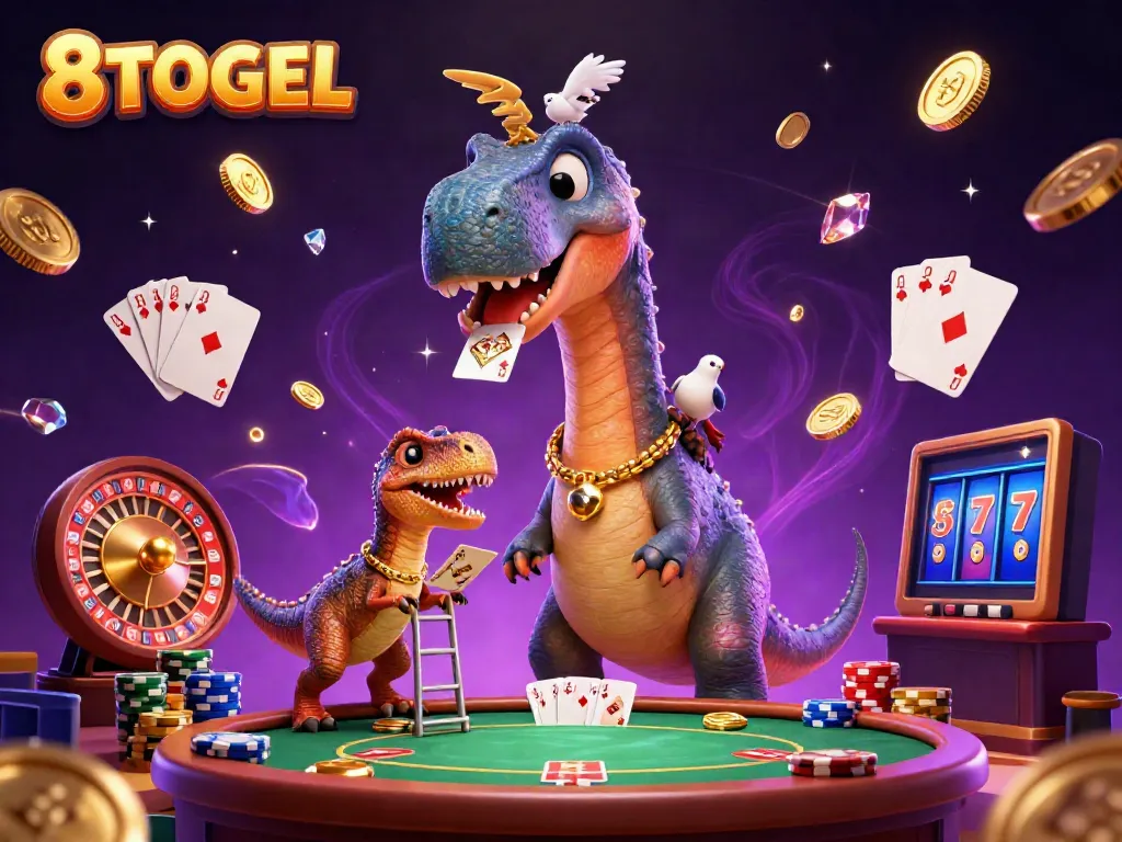 Experience the thrill of 8TOGEL with dynamic casino elements and vibrant 3D characters in a stunning illustration.