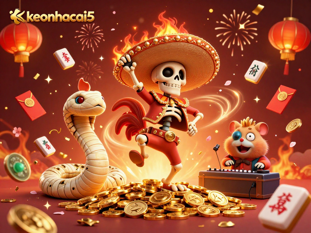 Perform dynamic gaming with keonhacai5 featuring a festive scene of 3D characters and casino elements.