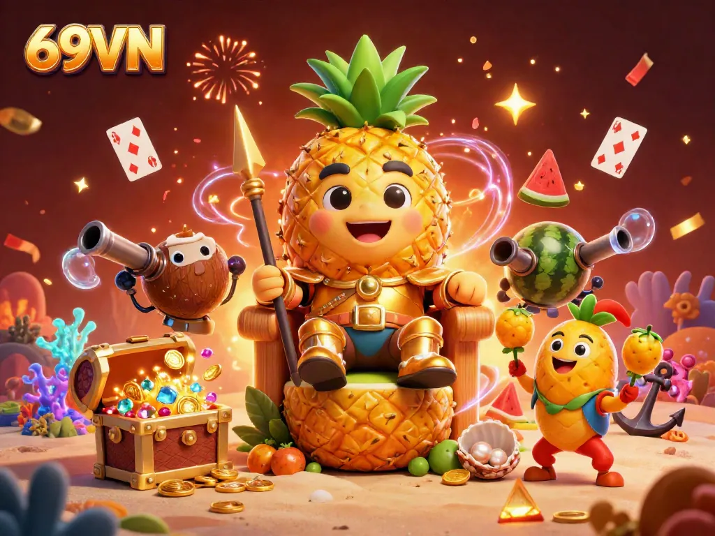 Experience the vibrant 69VN casino with a playful golden pineapple king and unique characters in a rich, dynamic scene.