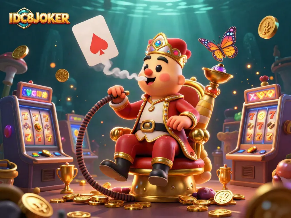 Engage in thrilling spins with IDC88JOKER as the enchanted caterpillar master commands the slot machines, surrounded by golden coins.