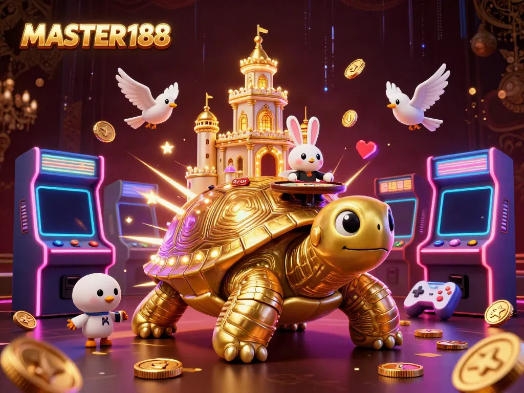 Experience the vibrant and whimsical gaming scene of MASTER188 with a casino-themed digital illustration.
