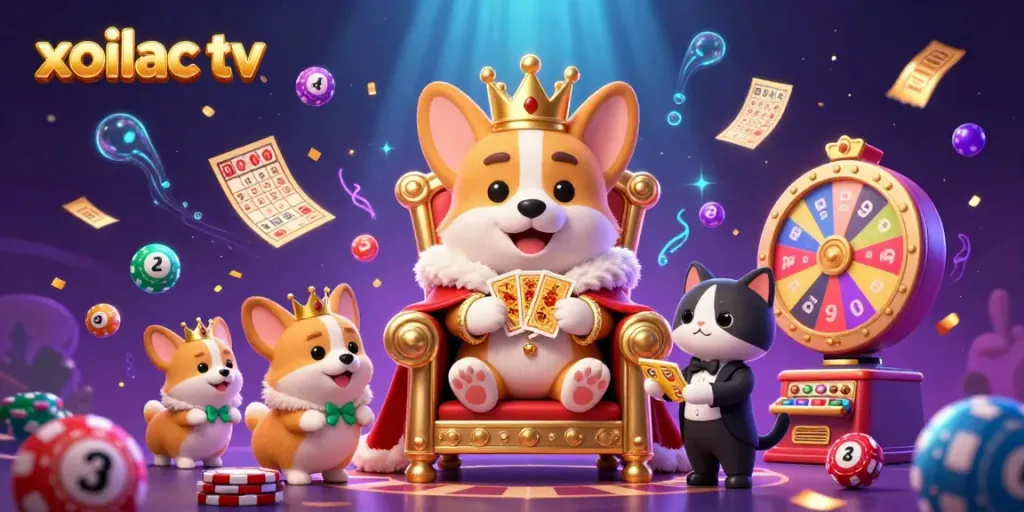 Xoilac TV brings excitement with a royal corgi and vibrant casino elements in a dynamic 3D scene.