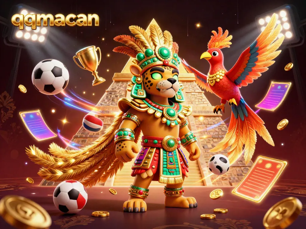 Engage in thrilling gameplay with qqmacan as a Mayan jaguar priest leads a colorful game scene.