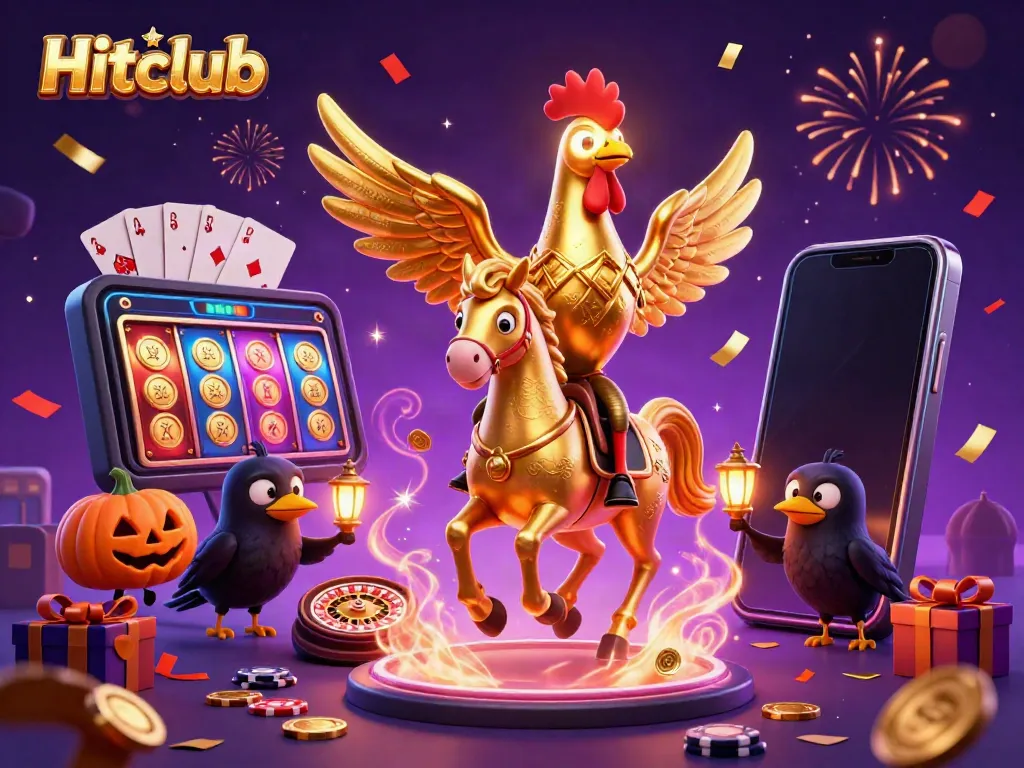 Hitclub's dynamic casino scene features a golden rooster on a spectral horse with glowing game elements.